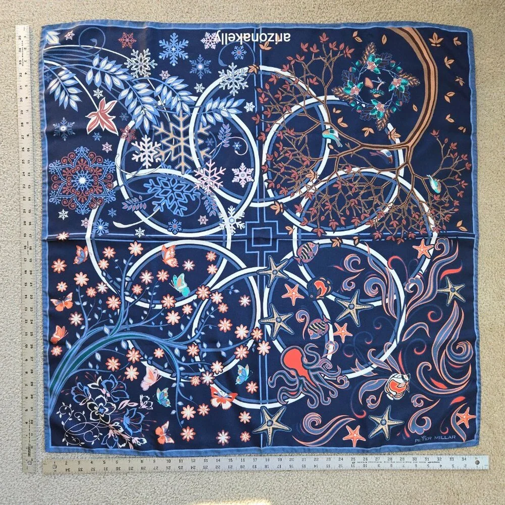 NWOT Peter Millar Silk Square Scarf *Four Seasons* Bird Butterfly Octopus